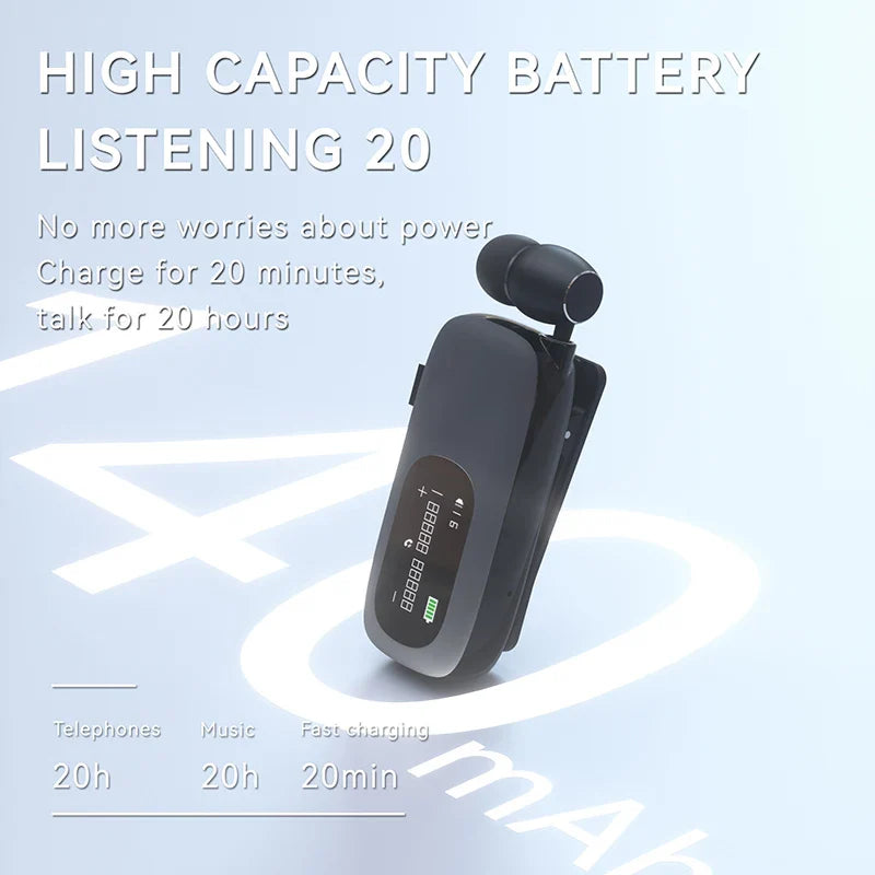 K75 Lavalier Business Bluetooth 5.4 Headphone Talk Time 20 Hours,LED Display,Voice broadcast Wireless Earphones For Work Driving
