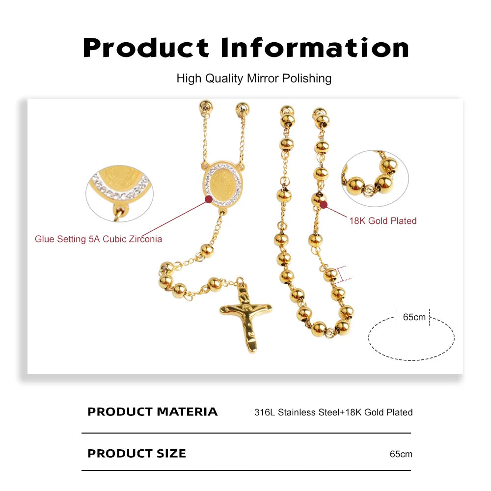 Cross Pendant Necklace For Men Women 316L Stainless Steel Rosary Beads Necklace