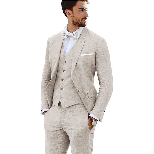 Linen Suit for Men 3 Pieces Formal Wedding Prom Set Slim Fit Jacket Groom