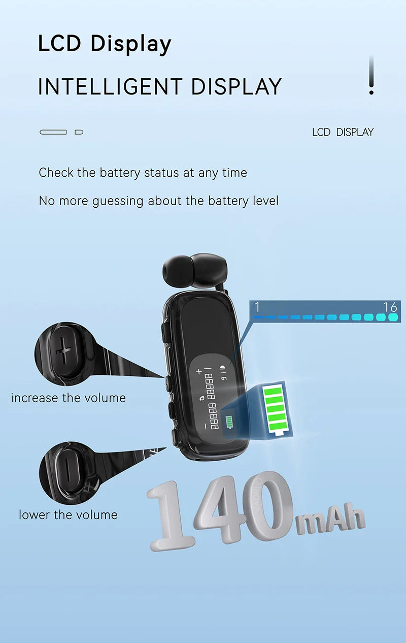 K75 Lavalier Business Bluetooth 5.4 Headphone Talk Time 20 Hours,LED Display,Voice broadcast Wireless Earphones For Work Driving