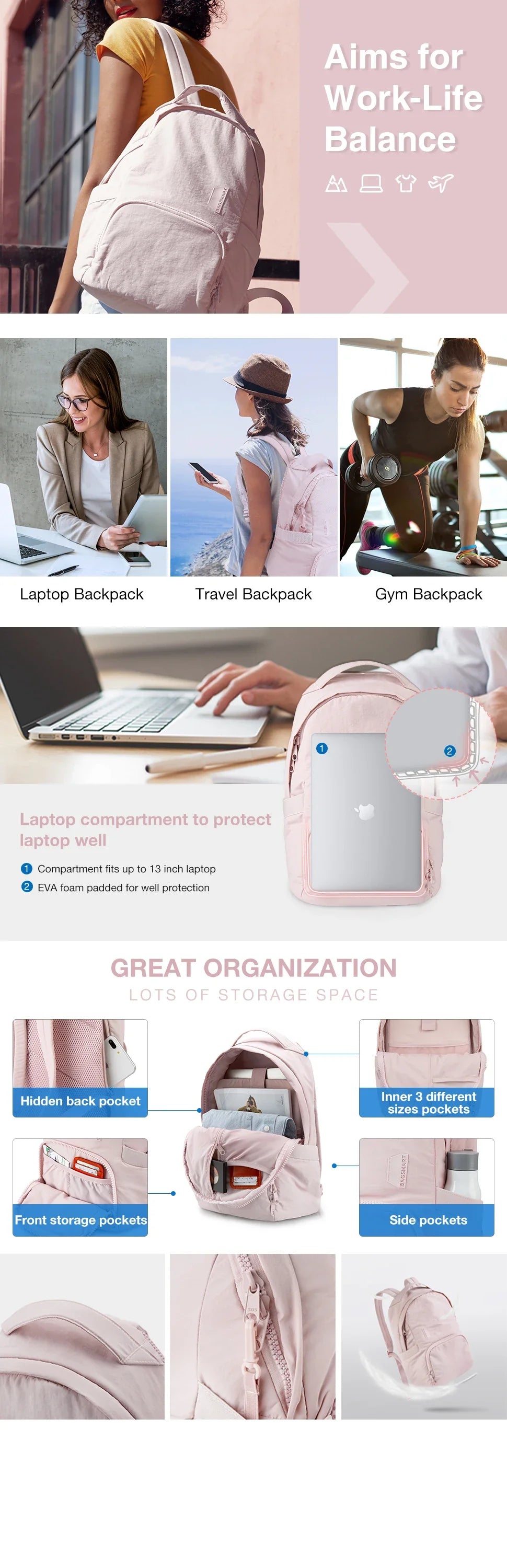 BAGSMART Women's Backpack 13 Inch Laptop Bag Cute Kawaii School Bag Anti Theft Waterproof Nylon Travel Backpacks Women Book Bag