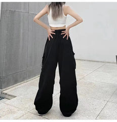 Y2K Trousers Women Cargo Pants Straight Wide Leg Drawstring Pockets Kpop