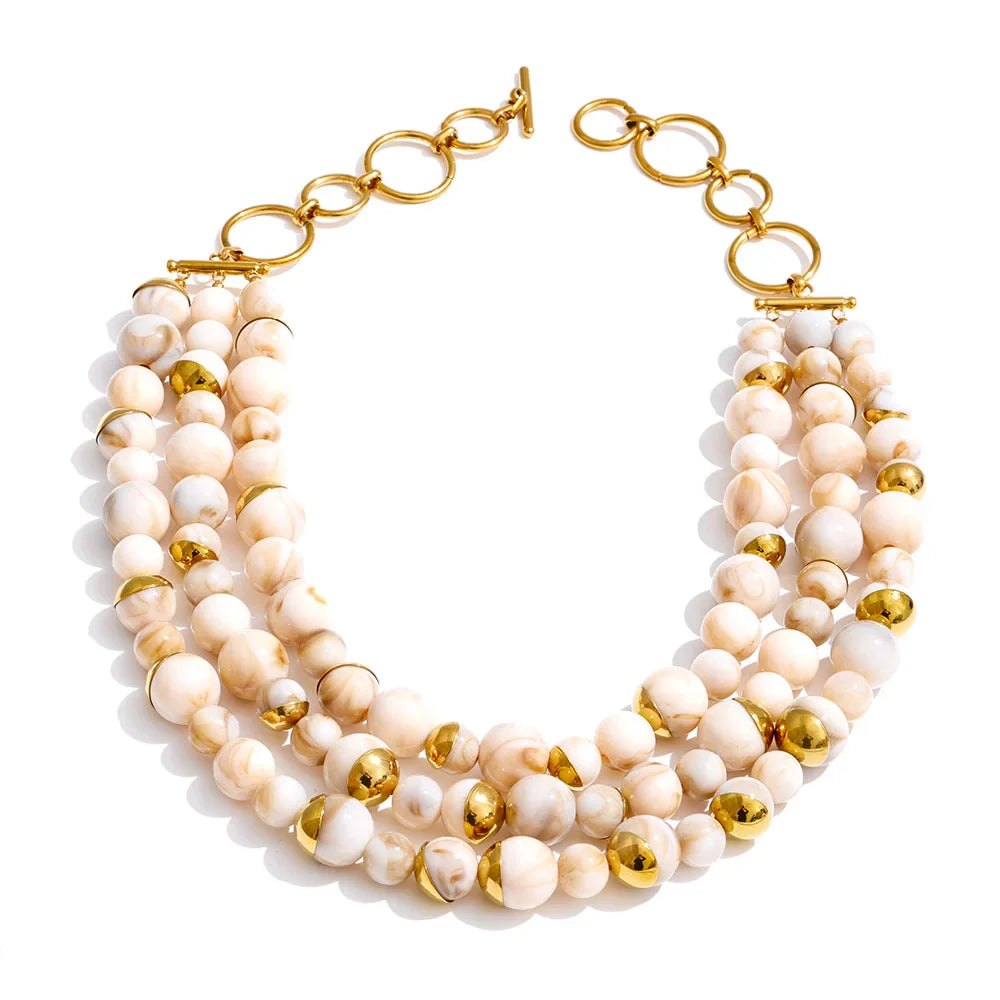 Yhpup Arrivals Handmade Jewelry Simulated Pearls Round Beads Chain Layered Necklace Earrings Stainless Steel Flower Chic Jewelry