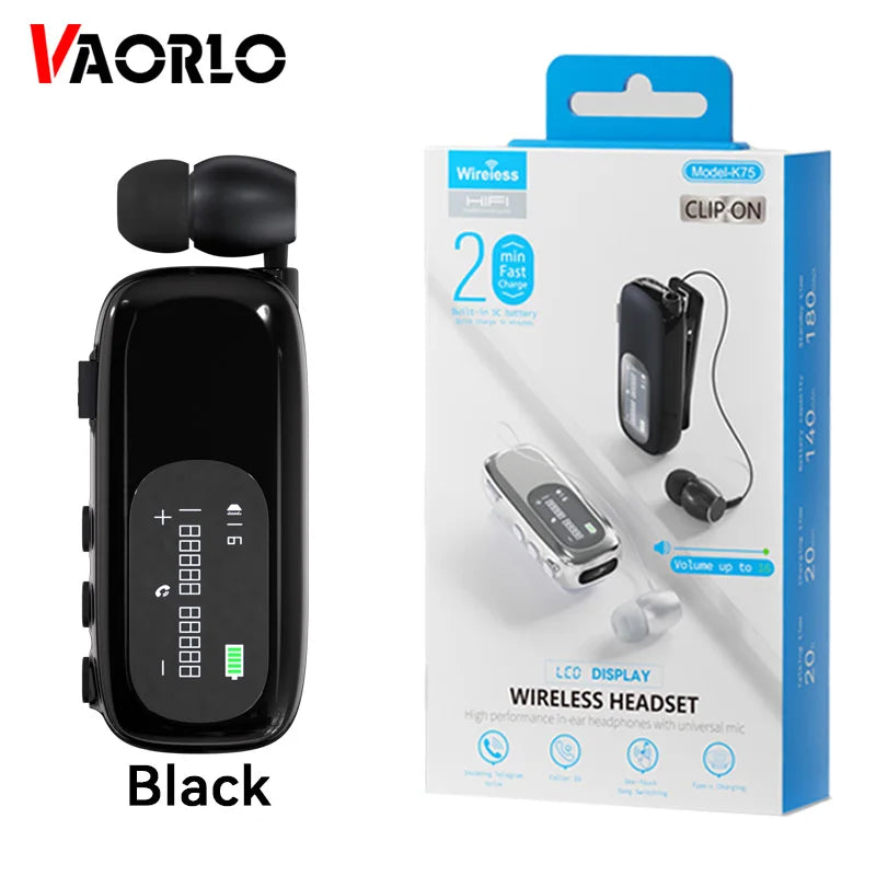 K75 Lavalier Business Bluetooth 5.4 Headphone Talk Time 20 Hours,LED Display,Voice broadcast Wireless Earphones For Work Driving