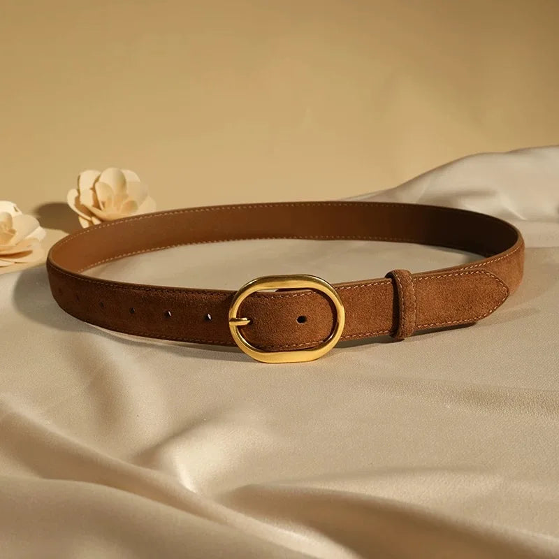 Fashion Suede Cowhide Women‘s Belts Genuine Leather 2.8cm Wide Belt Metal Buckle Women Belt Matched Dress Jeans Skinny Girdle