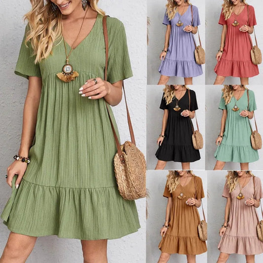 Solid V Neck A-Line Casual Loose Short Sleeve Mini Beach Dress Vintage Harajuku Fashion Woman Clothes