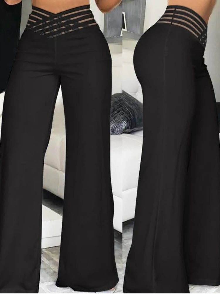 2024 Women Wide Leg Flared Pants Autumn Casual Crisscross Sheer Mesh Patch
