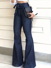 Navy Blue Flared Jeans Autumn, High-Stretch With Waistband Bell Bottom Wide Legs