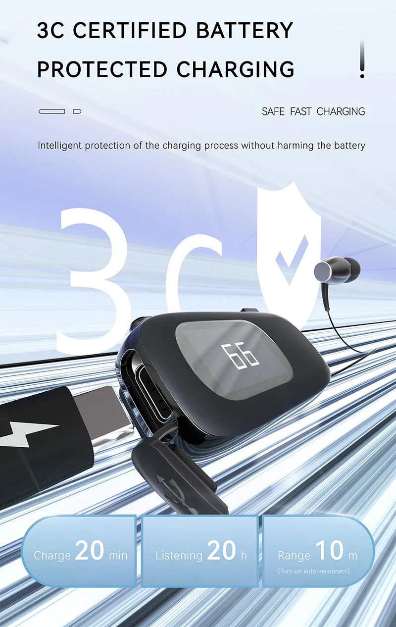 K75 Lavalier Business Bluetooth 5.4 Headphone Talk Time 20 Hours,LED Display,Voice broadcast Wireless Earphones For Work Driving
