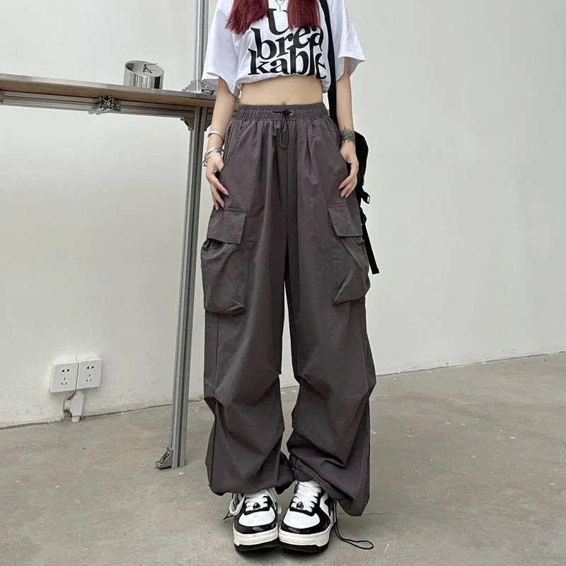 Y2K Trousers Women Cargo Pants Straight Wide Leg Drawstring Pockets Kpop