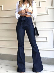 Navy Blue Flared Jeans Autumn, High-Stretch With Waistband Bell Bottom Wide Legs