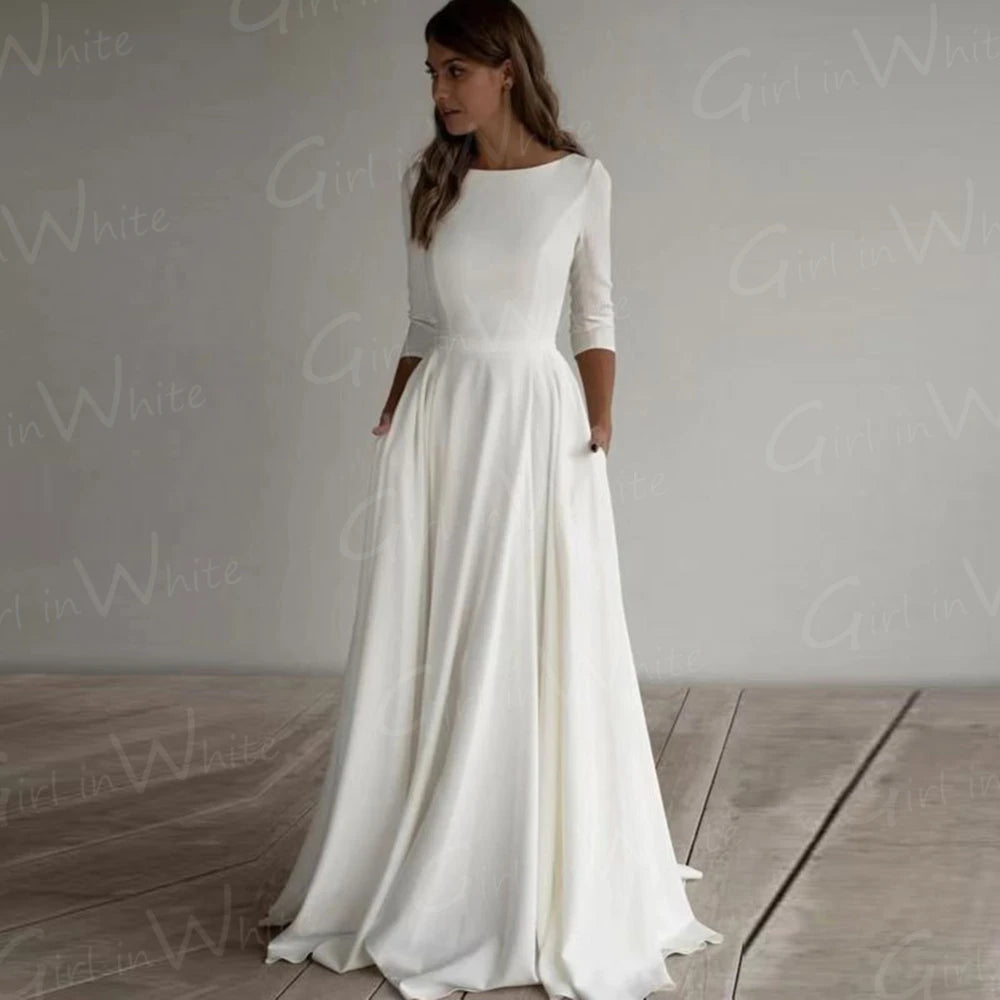 White Bridesmaid Dresses: Wedding Dress Half Sleeve O Neck Bridal Wedding Gown