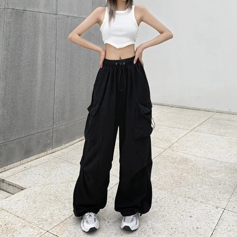 Y2K Trousers Women Cargo Pants Straight Wide Leg Drawstring Pockets Kpop