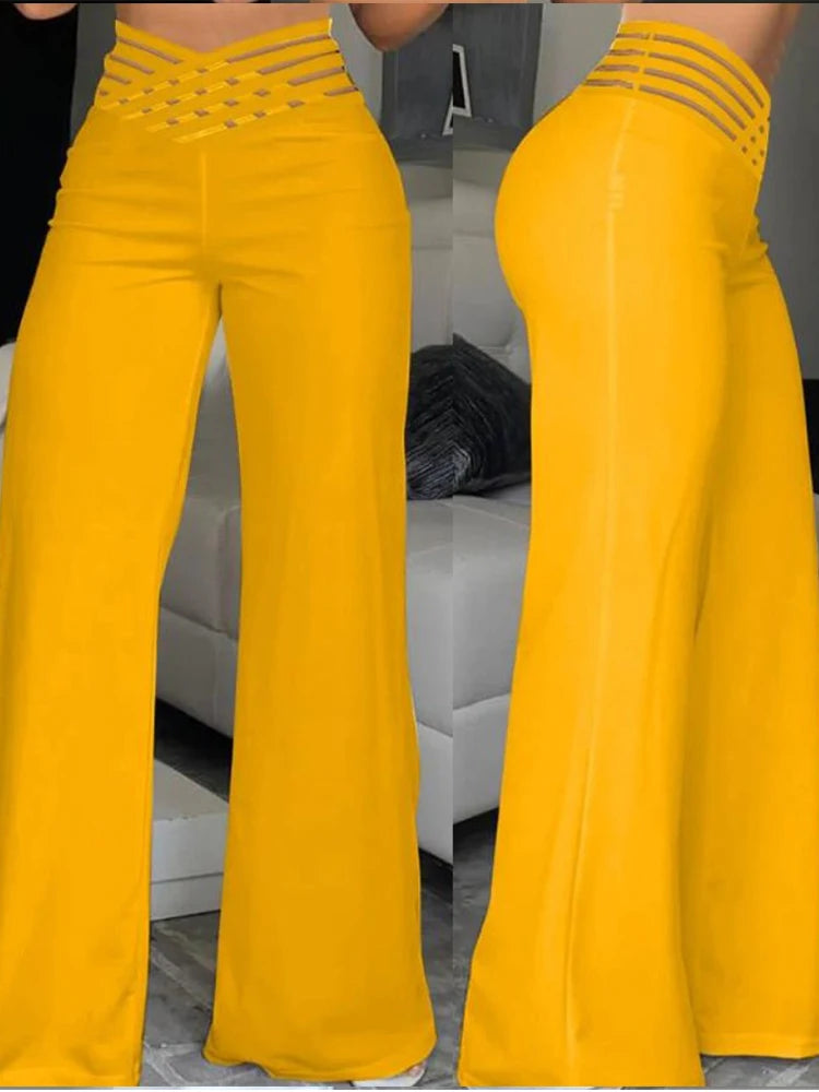 2024 Women Wide Leg Flared Pants Autumn Casual Crisscross Sheer Mesh Patch