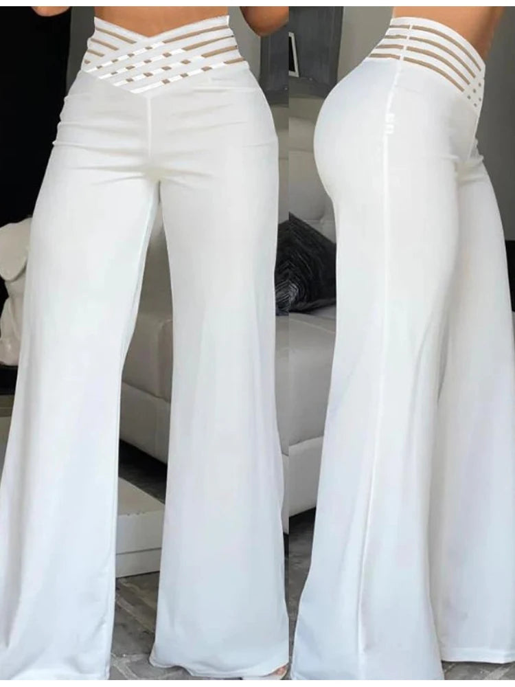 2024 Women Wide Leg Flared Pants Autumn Casual Crisscross Sheer Mesh Patch