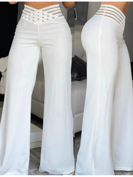 2024 Women Wide Leg Flared Pants Autumn Casual Crisscross Sheer Mesh Patch