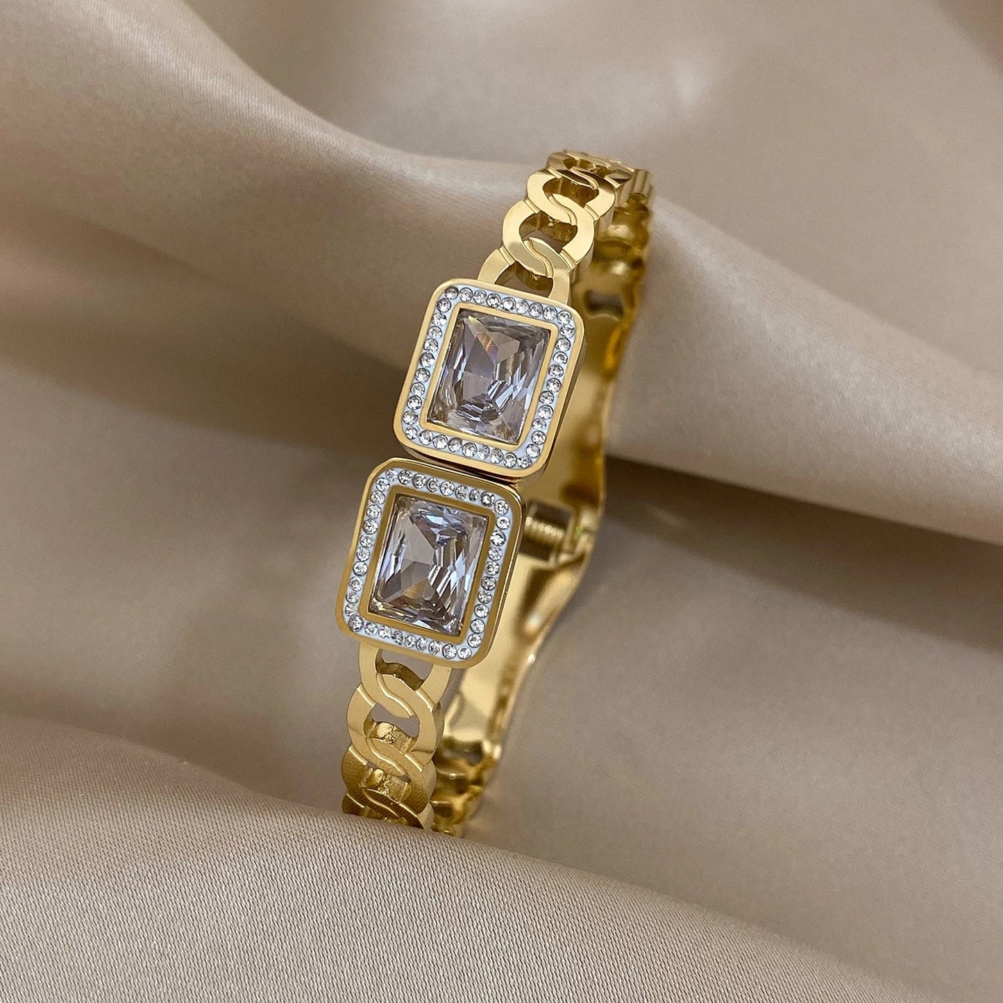 Luxury Stainless Steel Cuff Bracelet For Women Mens Gold Silver Color Couple Bracelets Green White Rhinestone Wide Bangle Gift