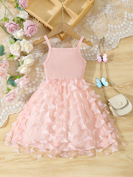 Toddler  Kids  Girl's Clothes  Baby's Butterfly Decor Mesh Splicing Cami Dress