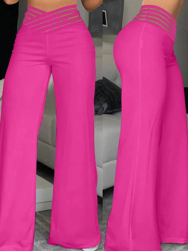 2024 Women Wide Leg Flared Pants Autumn Casual Crisscross Sheer Mesh Patch