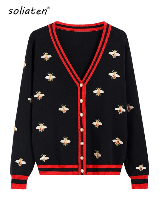 Fashion Designer Bee Embroidery Cardigan Long Sleeve Single Breasted