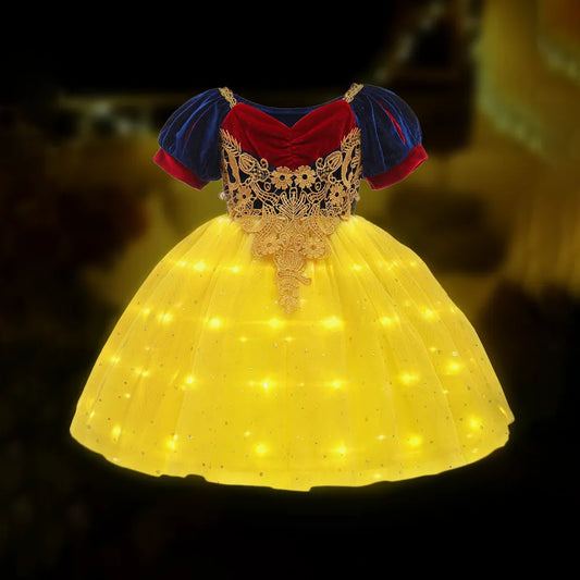 Girls Princess Snow White LED Light Up Dress Puff Sleeve Prom Party Gown Kids Christmas Cosplay Costume Frock Girls Infant Dress