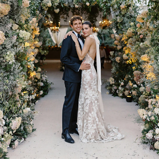 White Bridesmaid Dresses: Elegant Halter Neck Beaded Lace Backless Mermaid