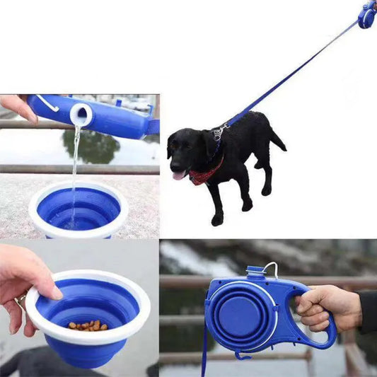 4-in-1 Durable Dog Leash Retractable Nylon Dog Leash With Water Bottle Bowl Extending