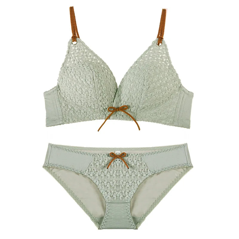 Deep V Linen Cotton Embroidery Wire Free Push Up Bra Set Panties Bow Padded
