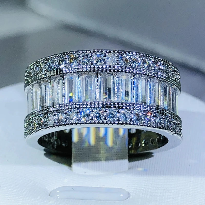 925 Sterling Silver Dazzling Rectangle CZ Zircon Crystal Ring Promise Wedding