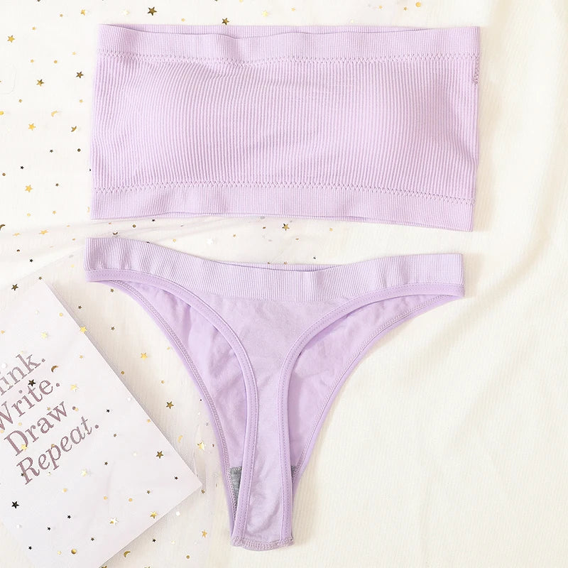 Women Bra Set Strapless Seamless Underwear Push Up Bra High Waist Thong