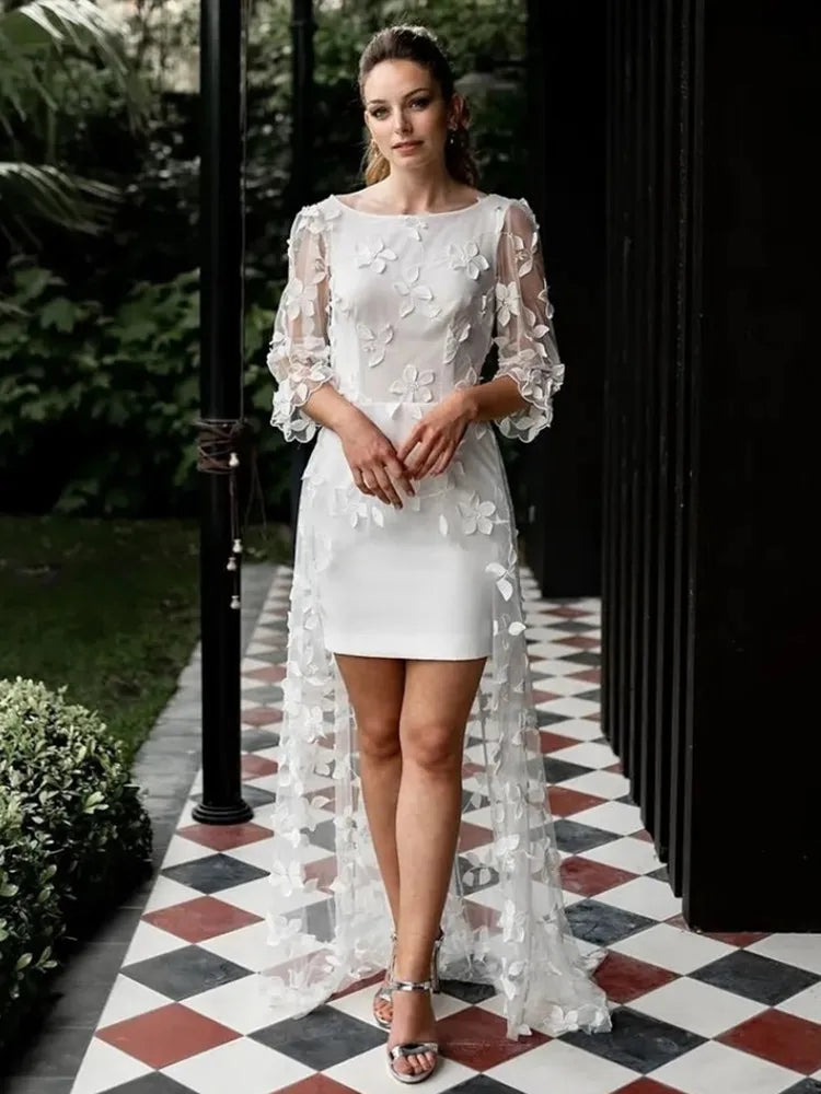White Bridesmaid Dresses: Short Wedding Dress With Train Lace Appliques Backless
