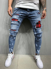 Men's Skinny Ripped Jeans Fashion Grid Beggar Patches Slim Fit Stretch Casual