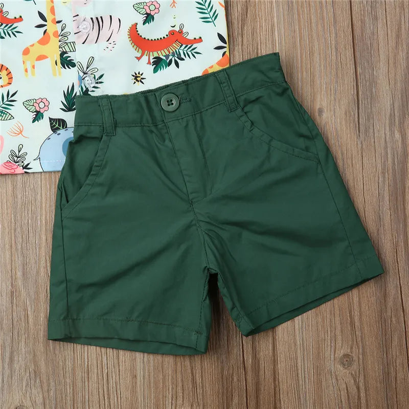1-5years Kids Boys Clothing Set Fashion Zoo Monkey Tiger Animal Shirt For Boys Tops Green Shorts Set Boys Outfits