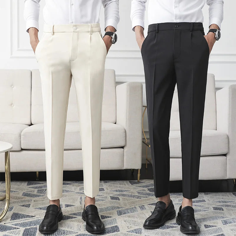 Men Non-iron fabric Dress Pants Slim Straight Black Apricot Dark Gray