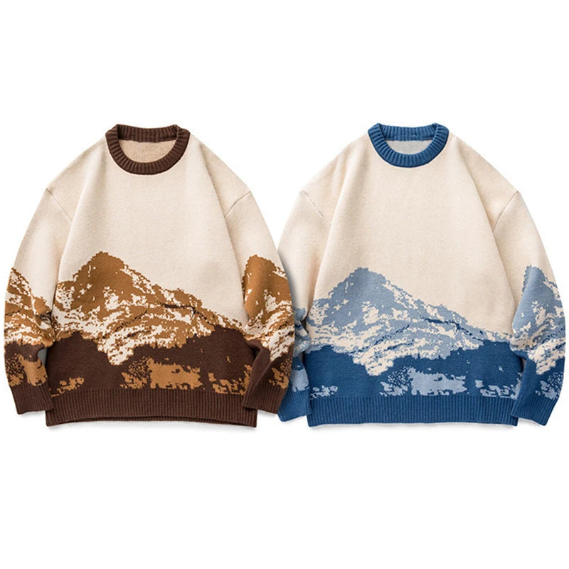 Men Hip Hop Streetwear Harajuku Sweater Vintage Japanese Style Snow Mountain Knitted