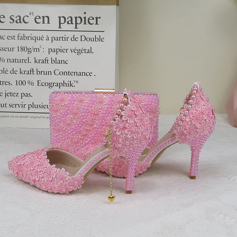 AB Pink Pearl Flower Wedding Shoes With Matching Bags High Heels Pointed Toe Ankle Strap Ladies Party shoe and bag set
