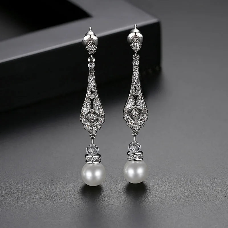SLBRIDAL Pave Setting Fashion CZ Crystal Pearl Women Girls Earring AAA Grade Cubic Zircon Earring Bridal Wedding Dangle Earring