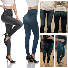 Push Up Seamless High Waist Faux Denim Leggings Women Casual Elastic Pocket Jeans