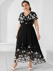 Plus Size Casual Women's Dresses Summer Ruffles V Neck Short Sleeve Floral Maxi