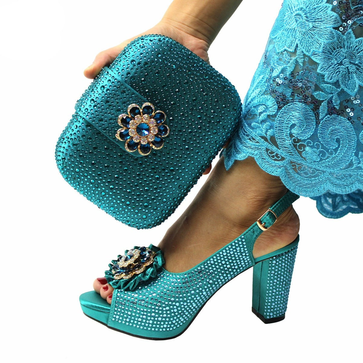 Italian Women Shoes Matching Bag Set Decorate with Rhinestone Pumps