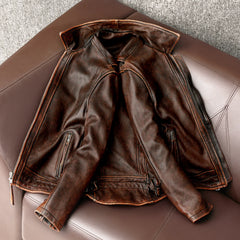 Men Leather Jacket  Swallow Tailed Vintage Motorcycle Top Cowhide Coat