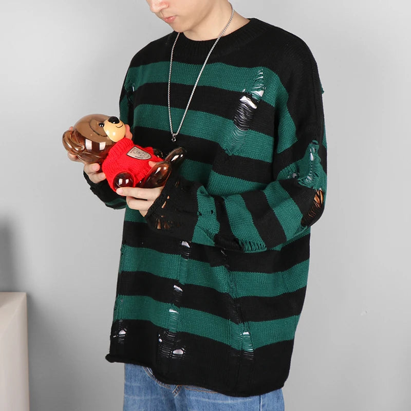 Black Stripe Sweaters Destroyed Ripped Sweater Men Pullover Hole Knit Jumpers Men