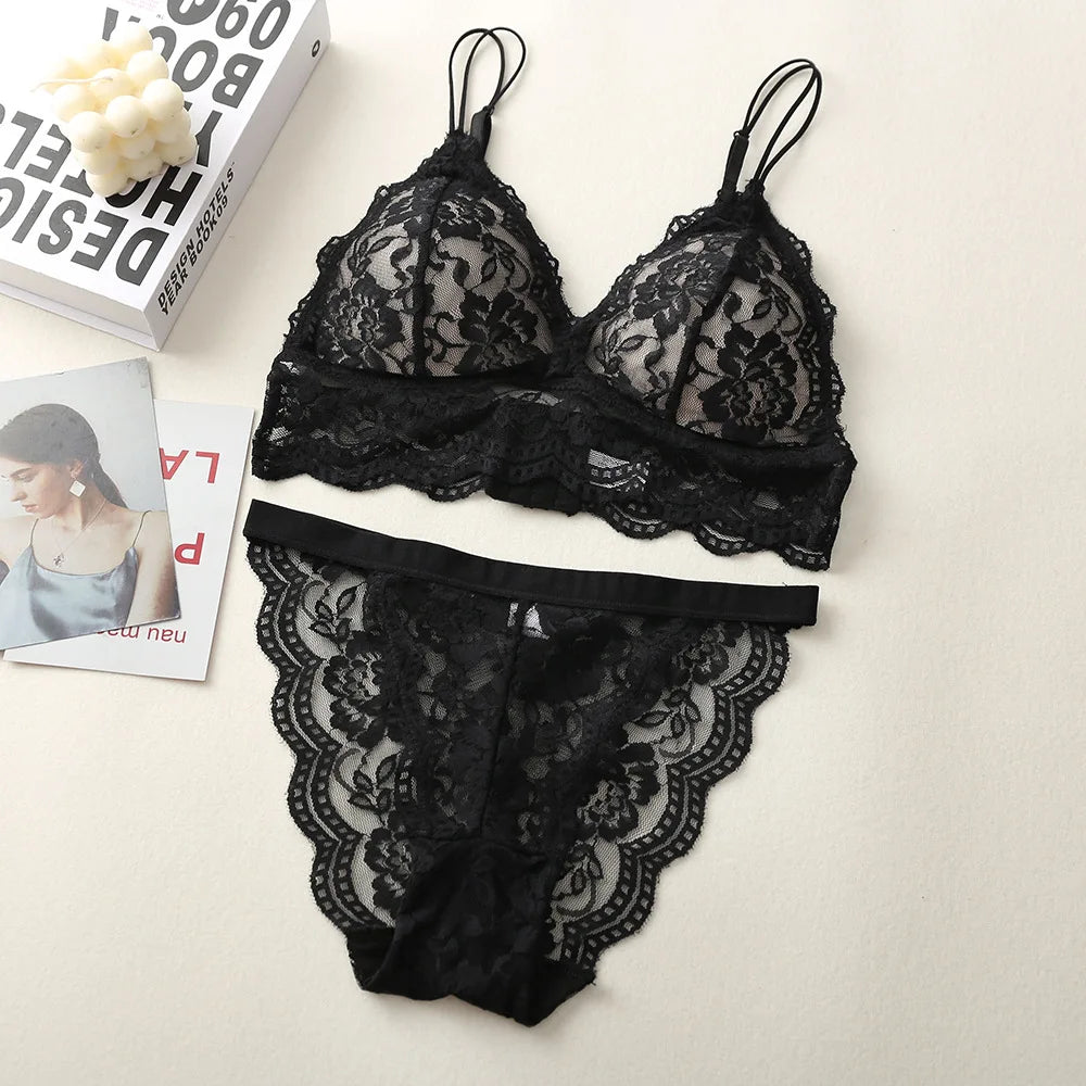 Women Lace Bra And Panties Sets 3/4 Cup Underwear Ultrathin Bralette Female