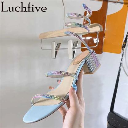 Rhinestones Chunky Heels Sandals Open Toe Shoes Woman Crystal Strap Ladies Sandals Summer Green Diamond Shoes