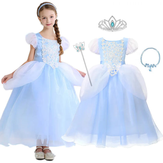 Disney Princess Cinderella Dresses Girls Blue Summer Puff Sleeve Embroidery Flower