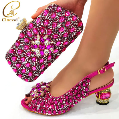 Ladies Italian Shoes and Bag Set Decorated with Rhinestone Matching Shoes and Bag Set In Heels Women Comfy Platform Sandal Shoes