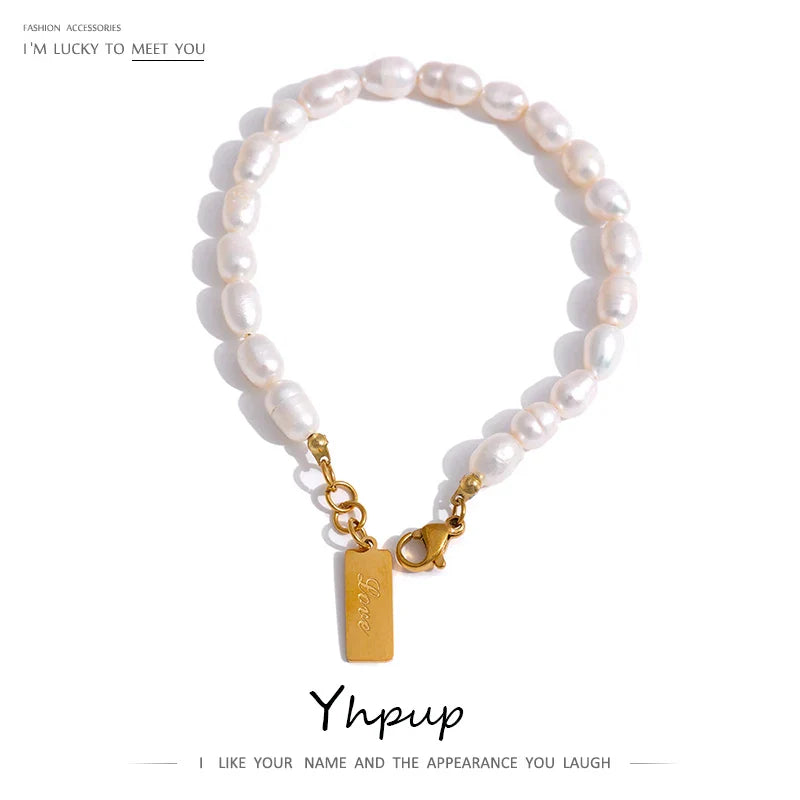 Yhpup Stainless Steel Natural Pearl Bracelet Stylish Chain LOVE Women Bracelet High Quality Jewelry бежутерия женская колье