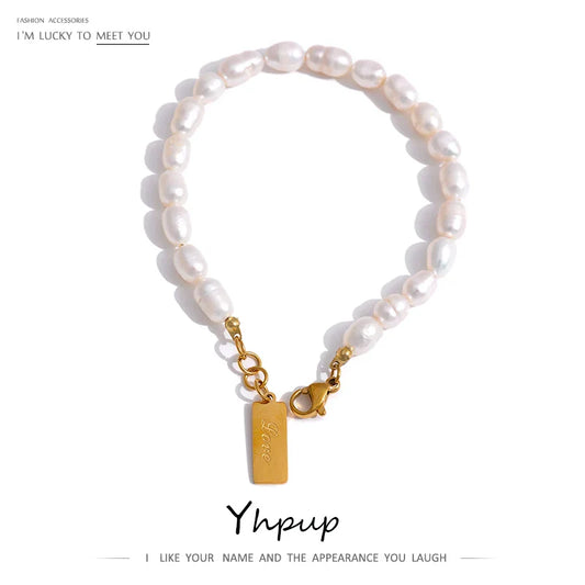 Yhpup Stainless Steel Natural Pearl Bracelet Stylish Chain LOVE Women Bracelet High Quality Jewelry бежутерия женская колье