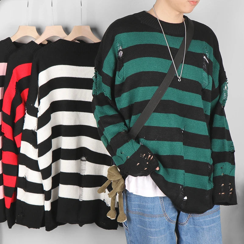 Black Stripe Sweaters Destroyed Ripped Sweater Men Pullover Hole Knit Jumpers Men