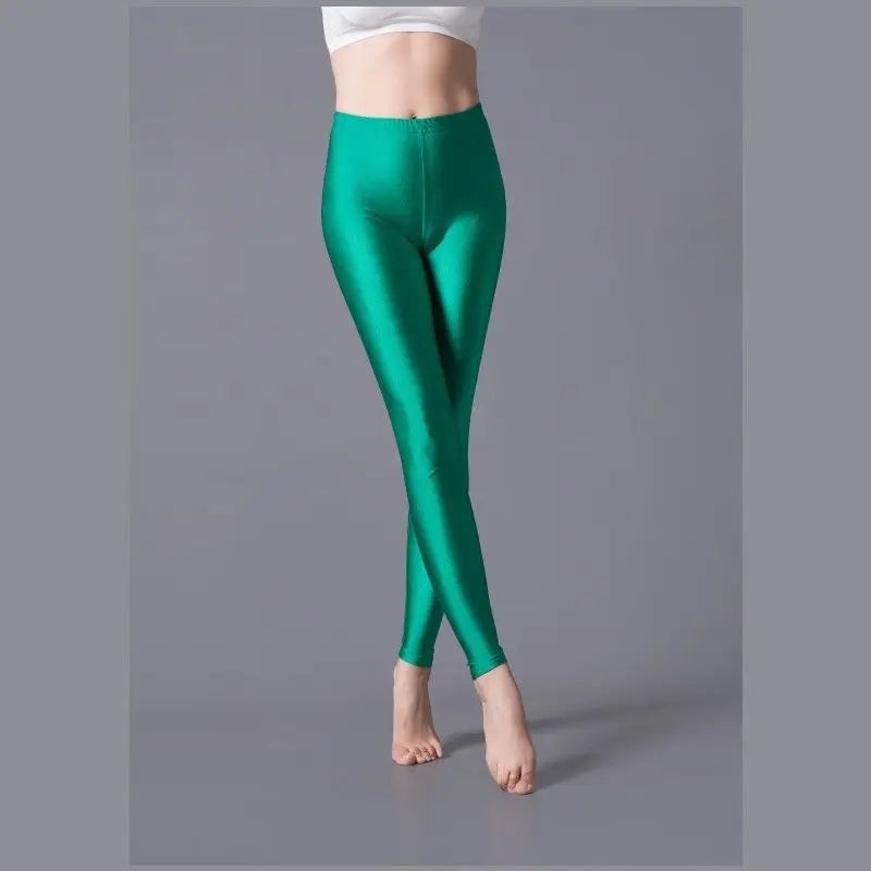 Women Shiny Pants Leggings Solid Color Fluorescent Spandex